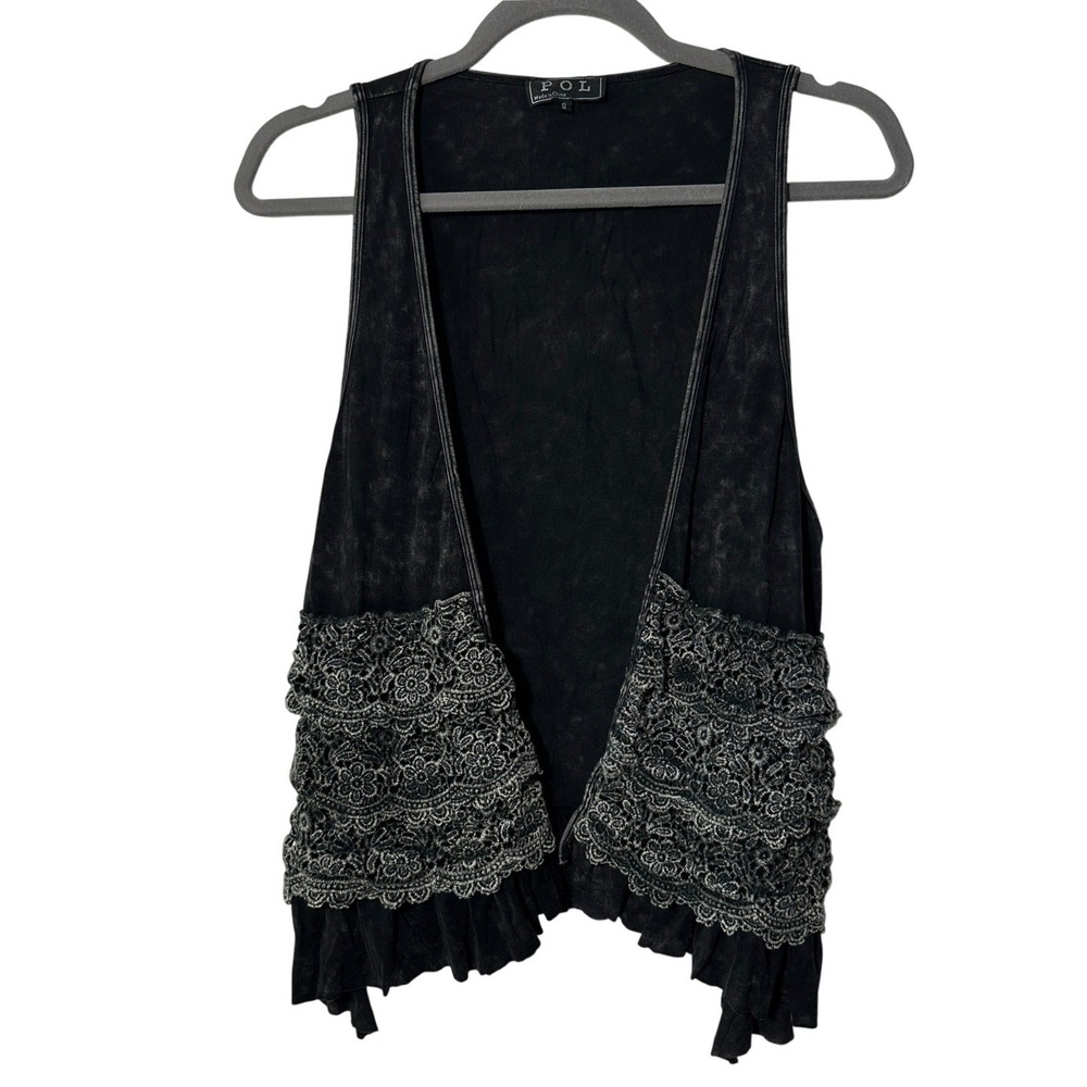 POL Women's Acid Wash Lace Ruffle Vest Black Small YE43 Punk Boho Festival